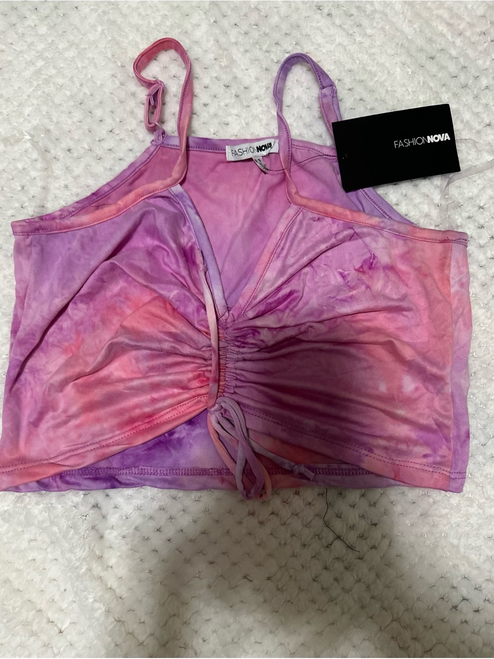 Fashion Nova Pink & Purple Tie-Dye Ruched Drawstring Crop Top